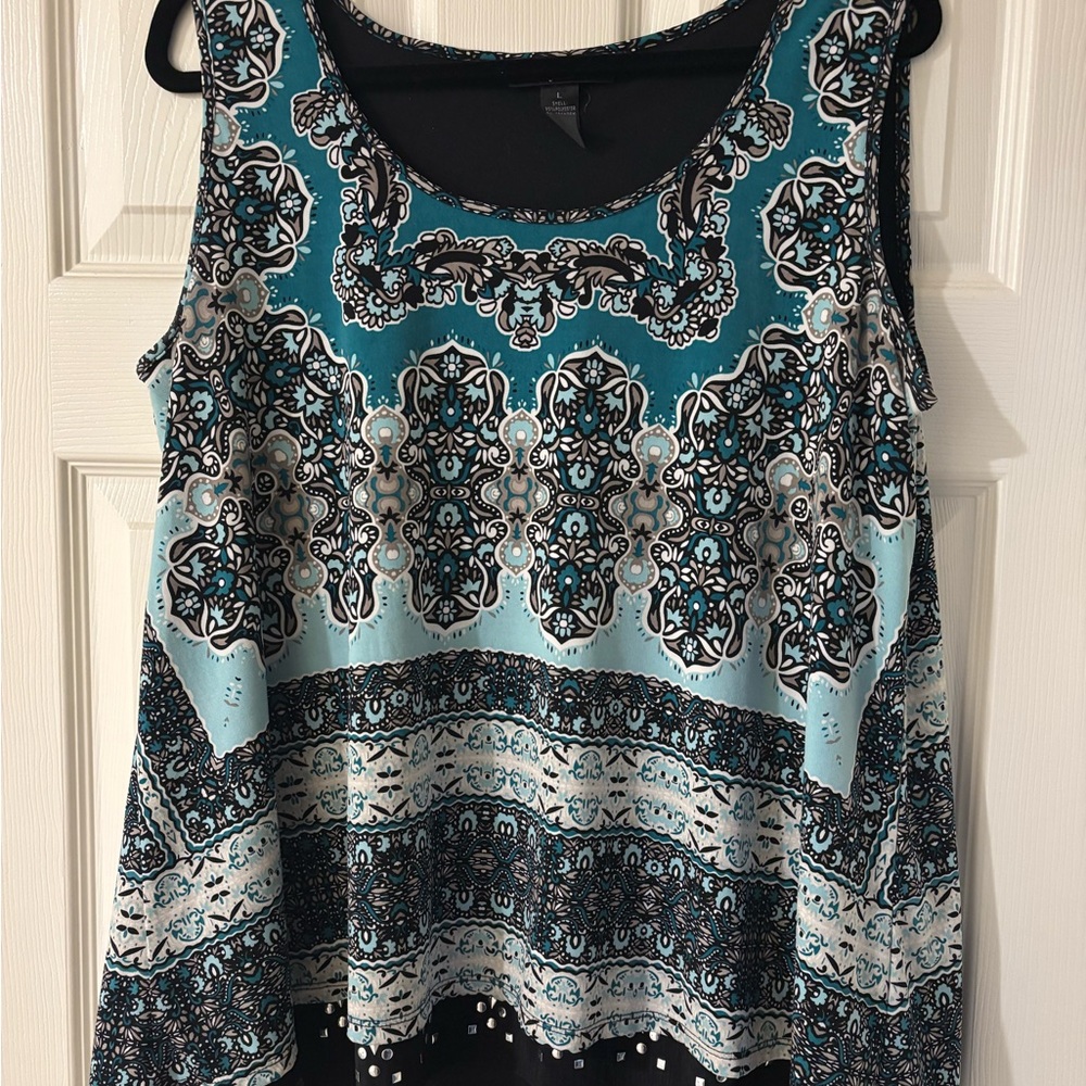 Style & Co. Teal and Black Sleeveless Graphic Tank Top Large